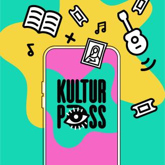 KulturPass Bild mit Smartphone und Icons wie Gitarre, Buch etc.